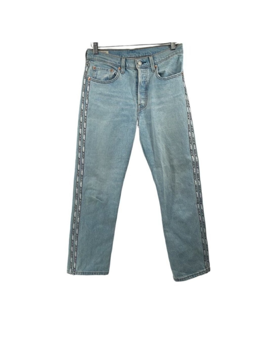LEVI’S 501 premium logo tape jeans light wash y2k sz 27 button fly spell out - Picture 2 of 13